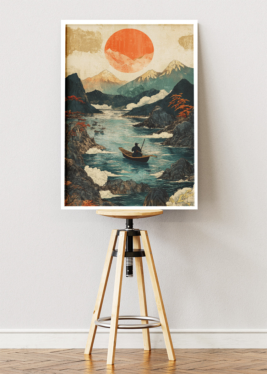 Silent River Journey – Japanese-Inspired Mountain Sunset Canvas & Poster Print – AI PRINT LAB