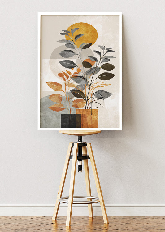 Modern Geometric Botanical Wall Art – Neutral & Mustard Leaf Canvas Print | Minimalist Abstract Portrait Poster