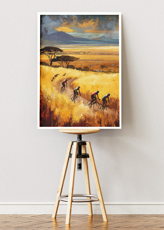 Golden Savanna Cycling Poster & Canvas Art Print – Endless Horizon Ride