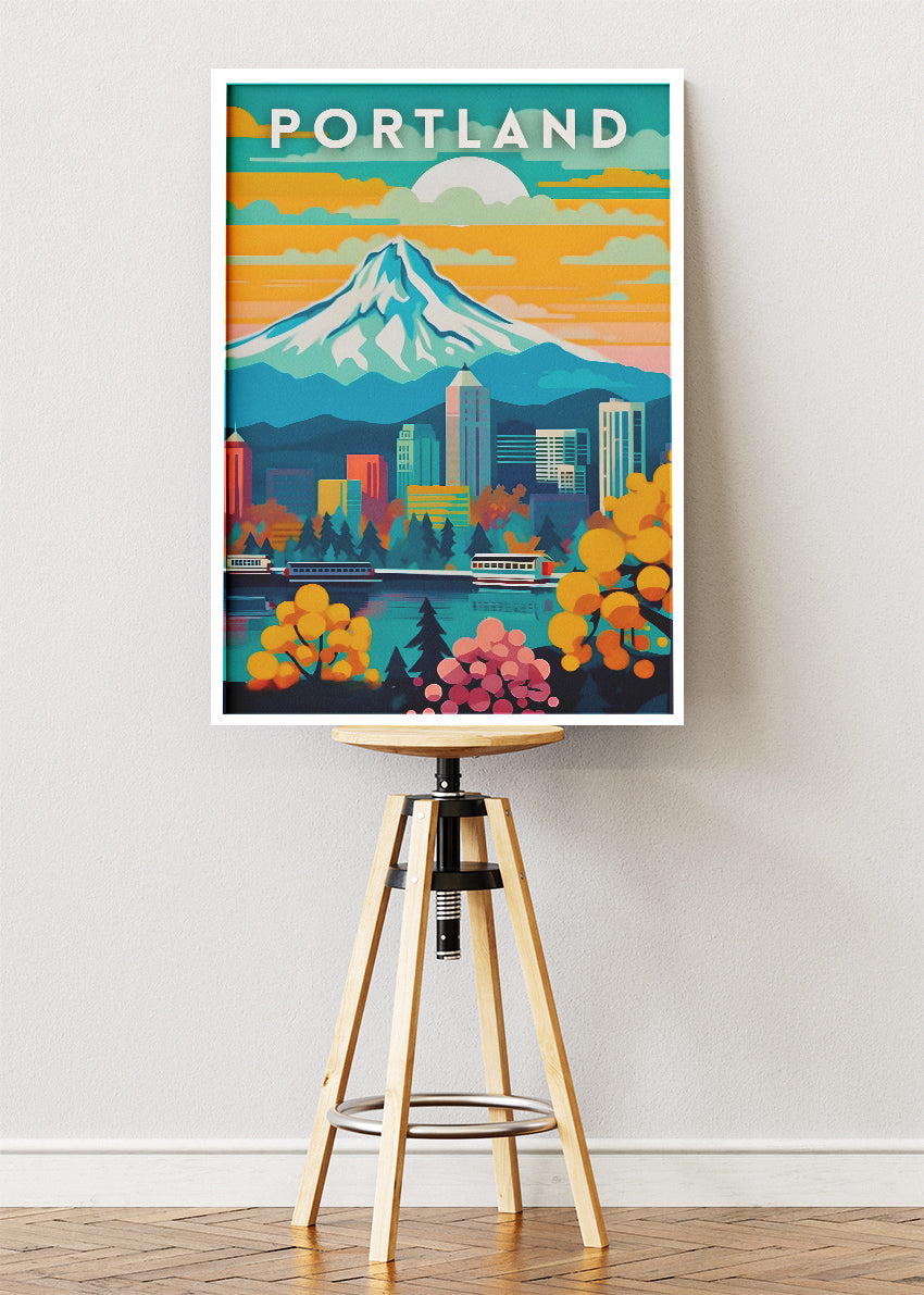 Portland Oregon Poster & Canvas Print – Mount Hood Skyline Illustration Wall Art