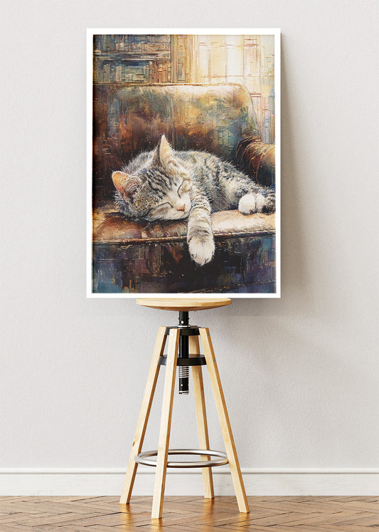 Sleeping Cat Canvas Print & Poster – Cozy Home Animal Wall Art – Warm Vintage Interior Decor – AI PRINT LAB