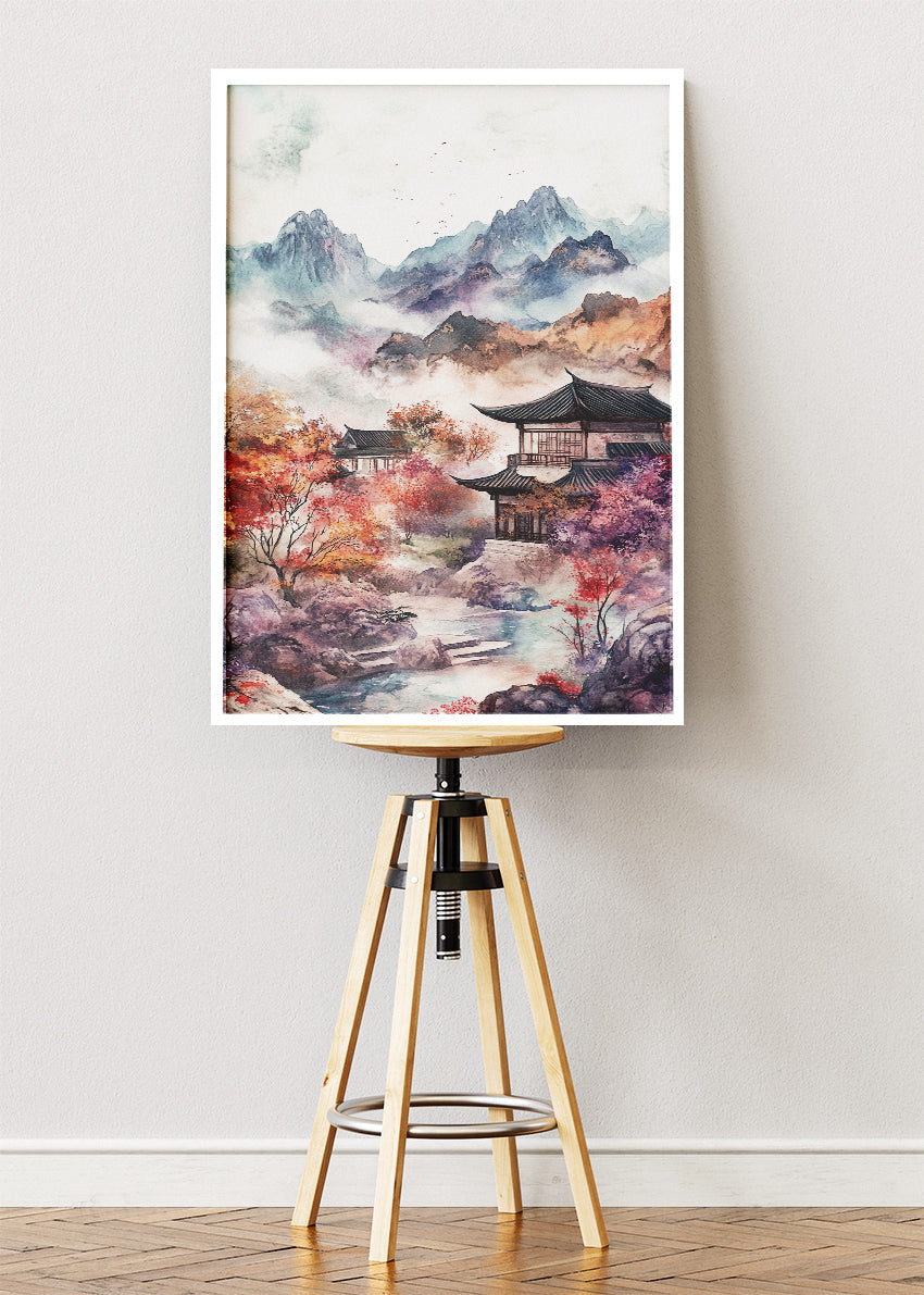 Misty Autumn Temple – Oriental Mountain Landscape Canvas & Poster Print – AI PRINT LAB