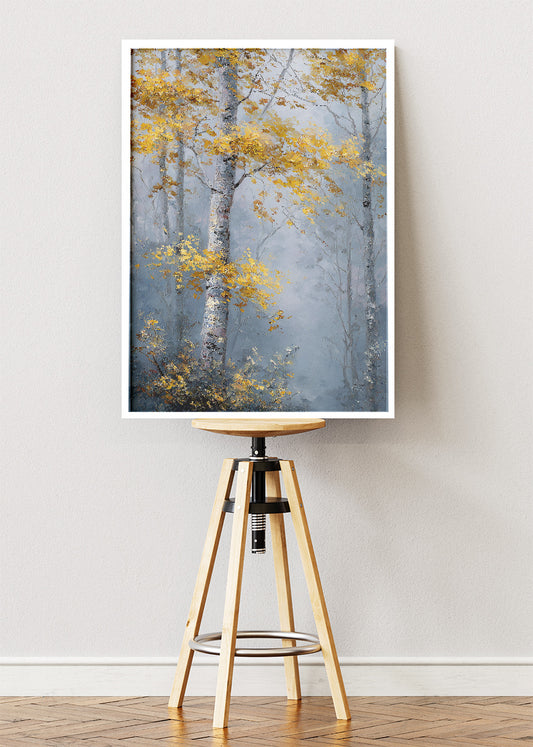 Misty Golden Birch Forest Wall Art – Elegant Autumn Woodland Canvas Print | Serene Nature Portrait Poster