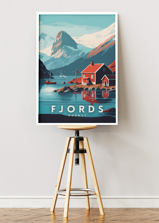 Fjords Norway Poster & Canvas Print – Illustrated Nordic Cabin Mountain Art