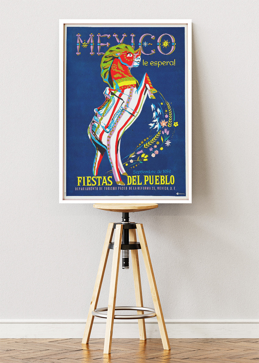 Mexico Vintage Poster & Canvas Print – Retro Fiestas del Pueblo Festival Art