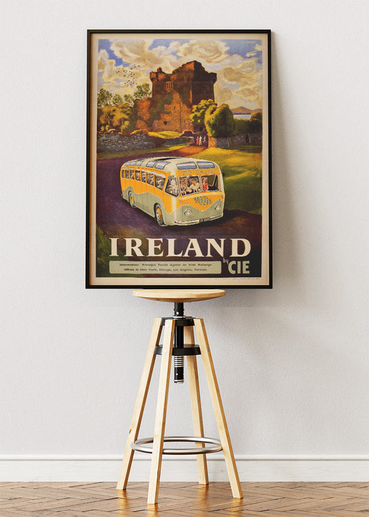 Ireland Vintage Castle & Bus Poster – Retro County Clare Travel Art Print