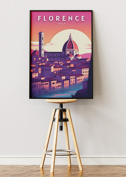 Florence Italy Pink Sunset Skyline Poster & Canvas Print – Duomo Cathedral Illustrated Wall Art