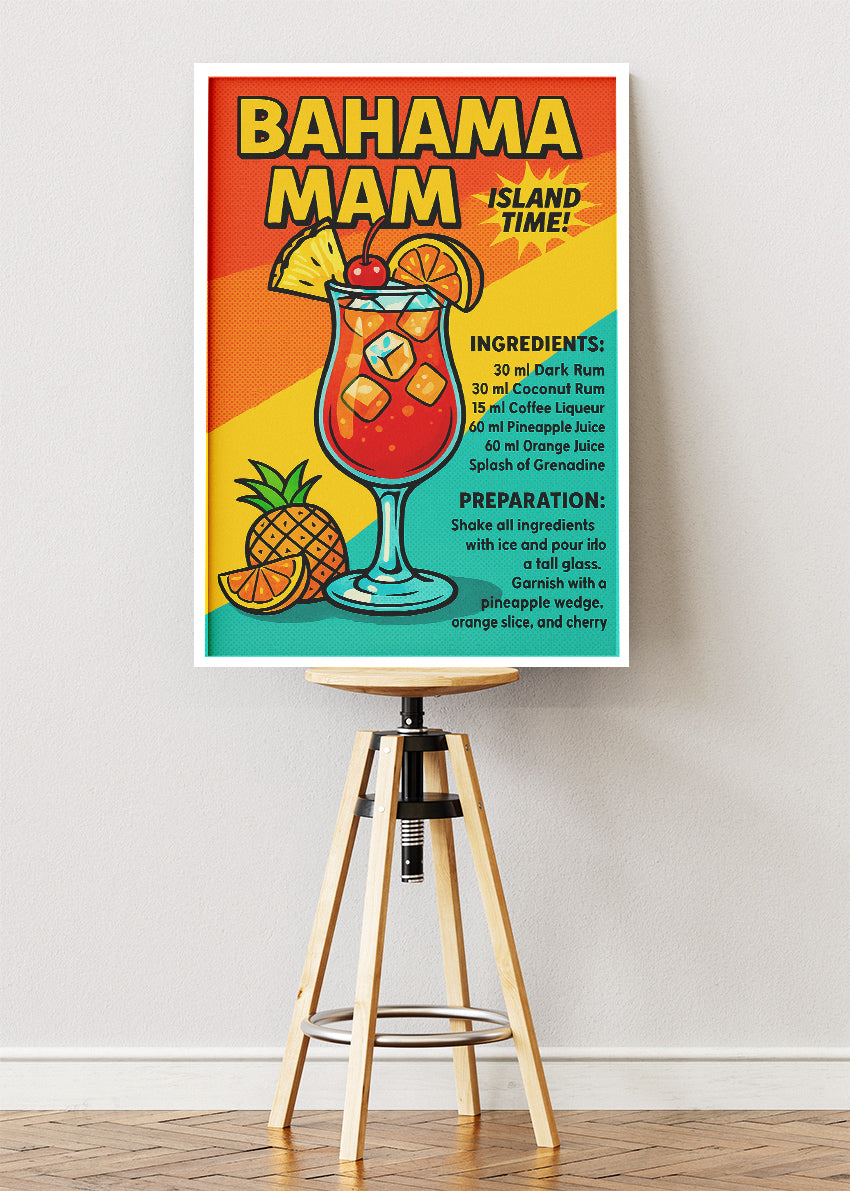 Bahama Mama Pop Art Cocktail Poster & Canvas Print | Retro Tropical Bar Wall Art