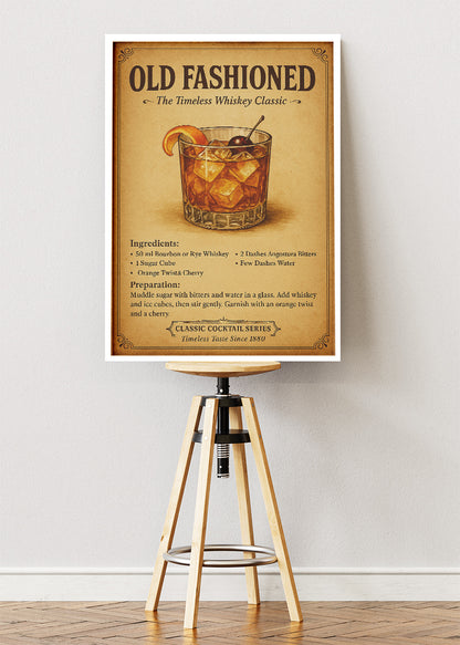 Old Fashioned Vintage Cocktail Poster & Canvas Print | Classic Whiskey Bar Wall Art