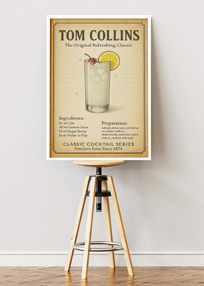 Tom Collins Classic Cocktail Poster & Canvas Print – Vintage Gin Drink Wall Art – AI PRINT LAB