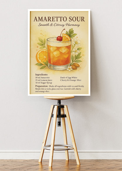 Amaretto Sour Botanical Recipe Poster & Canvas Print | Vintage Cocktail Wall Art