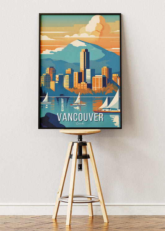 Vancouver Canada Skyline Poster & Canvas Print – Mountains & Sailboats Wall Art