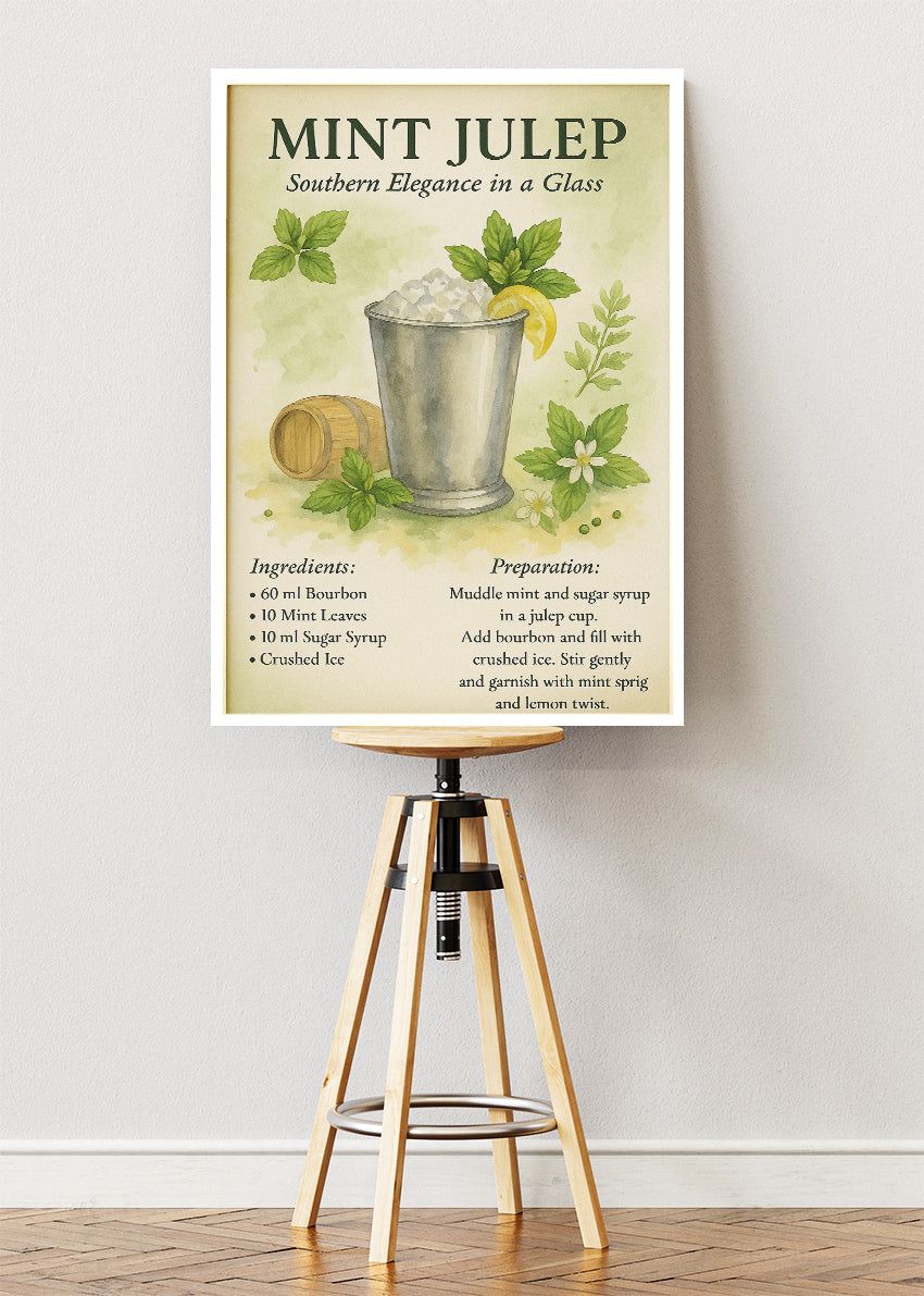 Mint Julep Watercolor Cocktail Recipe Poster & Canvas Print | Elegant Southern Bar Wall Art