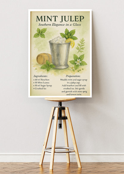 Mint Julep Watercolor Cocktail Recipe Poster & Canvas Print | Elegant Southern Bar Wall Art