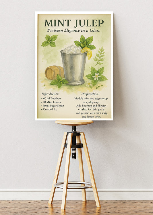 Mint Julep Watercolor Cocktail Recipe Poster & Canvas Print | Elegant Southern Bar Wall Art