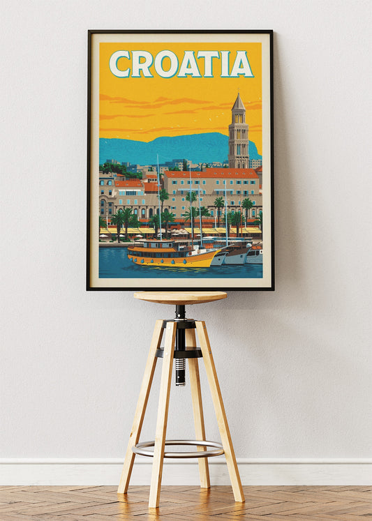 Croatia Travel Poster & Canvas Print – Split Harbour Retro Illustration Wall Art
