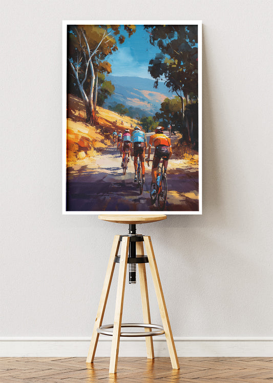 Scenic Road Cycling Art Print & Canvas – Group Cyclists Landscape Wall Art