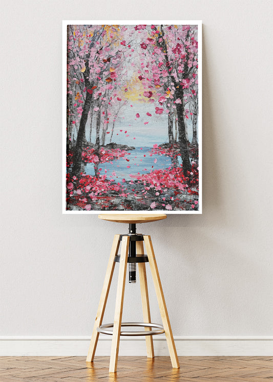 Cherry Blossom Lake Wall Art – Pink Sakura Trees Canvas Print & Romantic Nature Landscape Poster for Living Room Decor UK