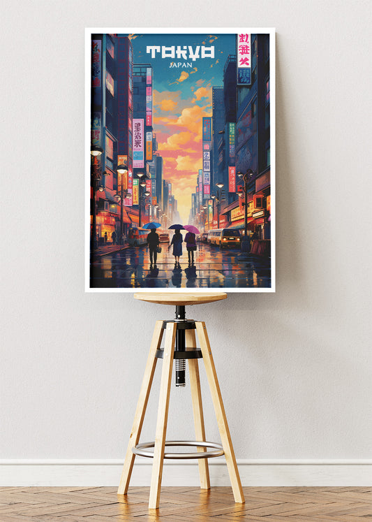 Tokyo Japan Poster & Canvas Print – Illustrated Neon City Street Art