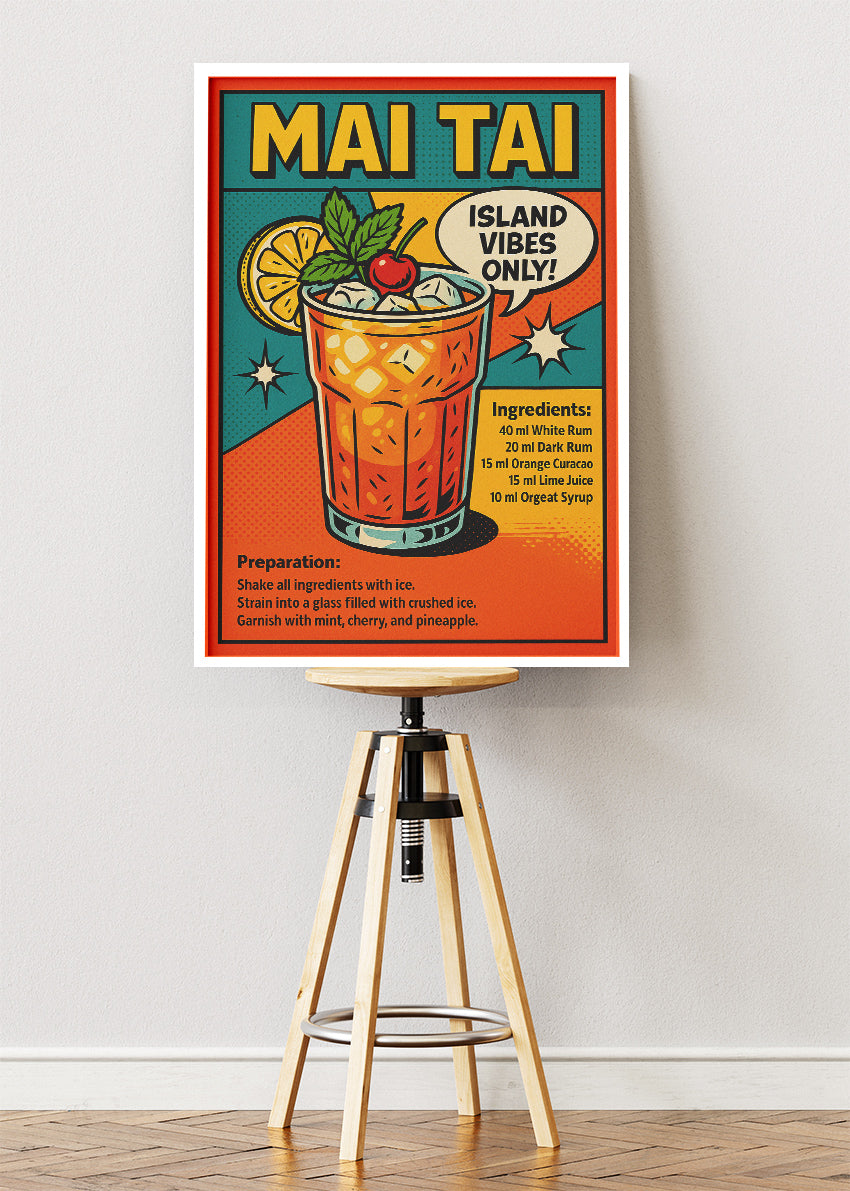 Mai Tai Pop Art Cocktail Recipe Poster & Canvas Print | Retro Comic Bar Wall Art