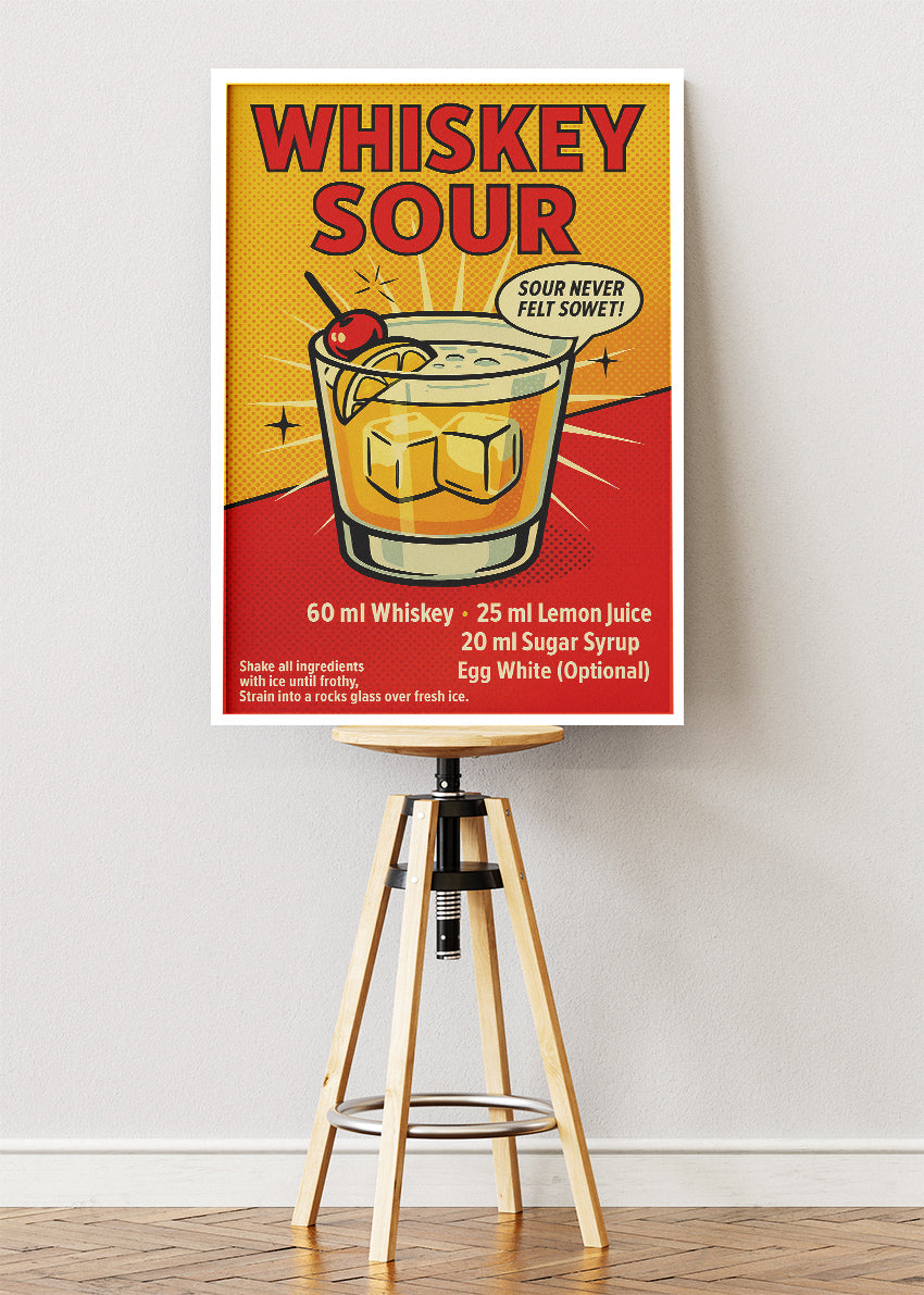 Whiskey Sour Vintage Cocktail Poster & Canvas Print | Retro Bar Wall Art