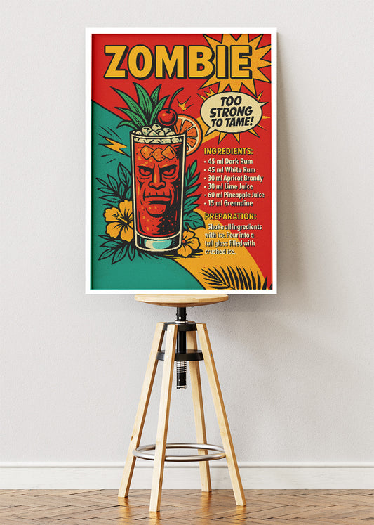 Zombie Retro Tiki Cocktail Poster & Canvas Print | Bold Tropical Bar Wall Art