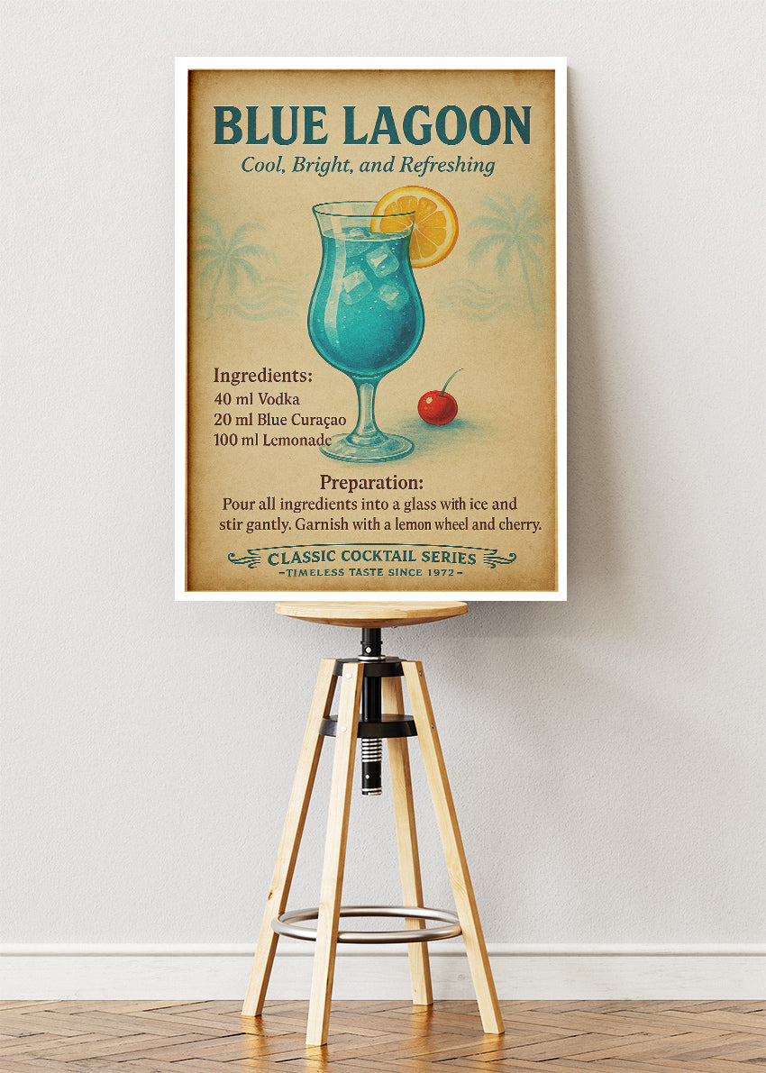 Blue Lagoon Vintage Cocktail Poster & Canvas Print | Classic Refreshing Bar Wall Art