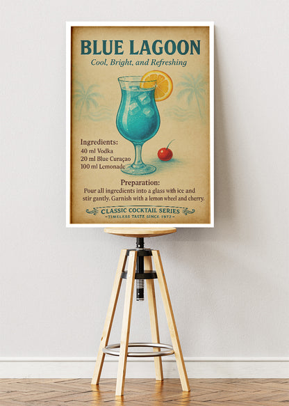 Blue Lagoon Vintage Cocktail Poster & Canvas Print | Classic Refreshing Bar Wall Art