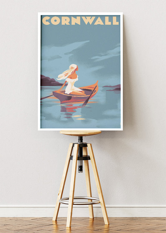 Cornwall UK Poster & Canvas Print – Vintage Coastal Rowboat Travel Art