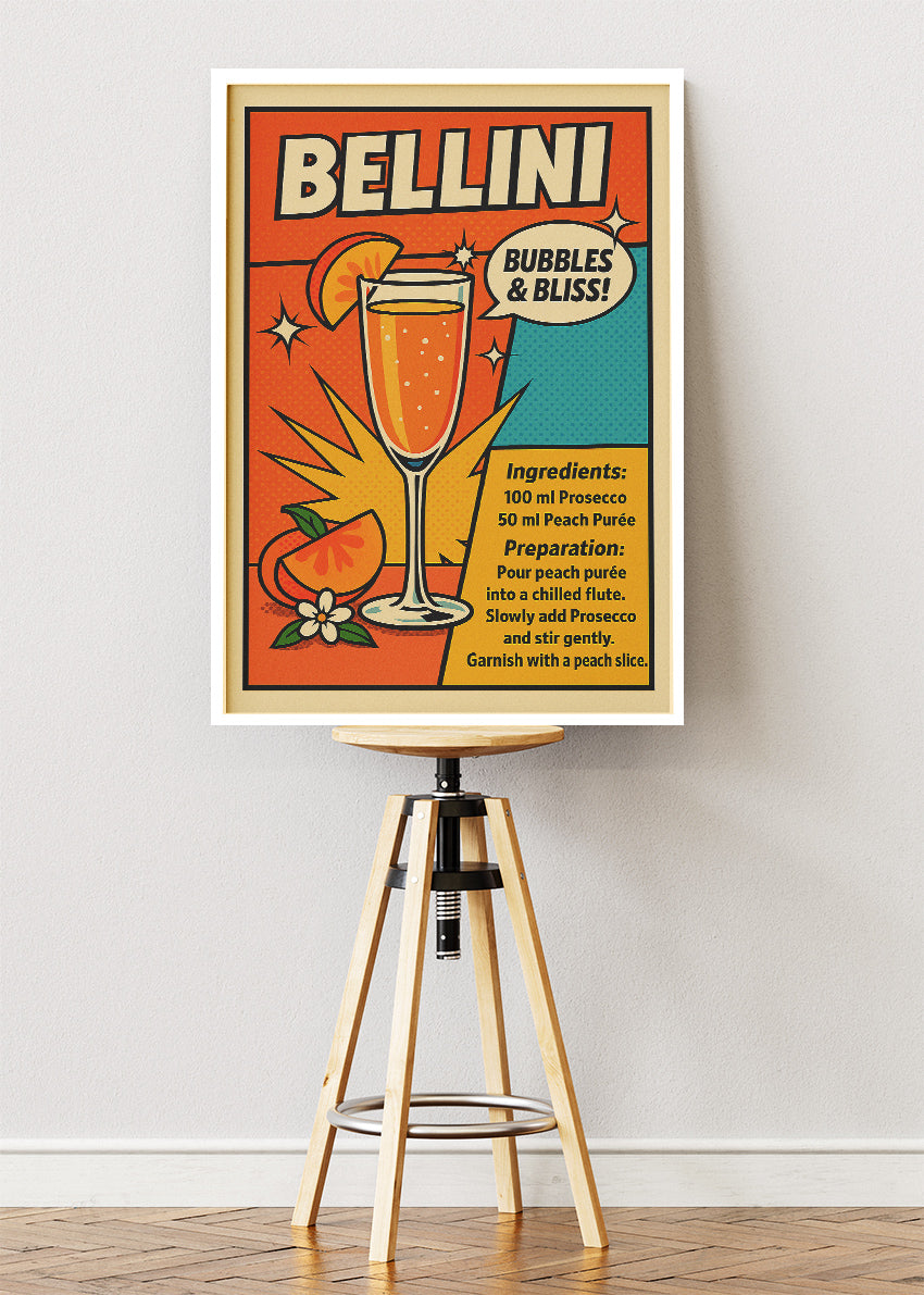 Bellini Pop Art Cocktail Poster & Canvas Print | Retro Bubbles Bar Wall Art