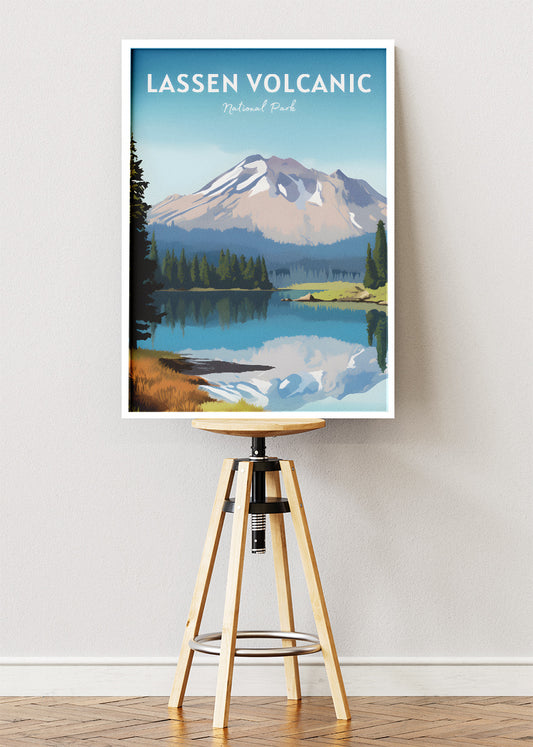 Lassen Volcanic National Park Poster & Canvas Print – Mountain Lake Landscape Illustration Wall Art