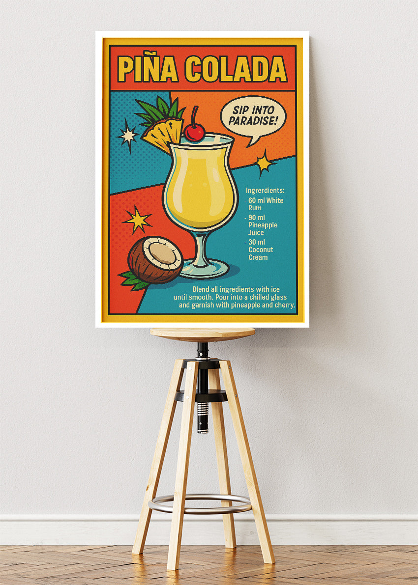 Piña Colada Pop Art Recipe Poster & Canvas Print | Retro Tropical Cocktail Wall Art