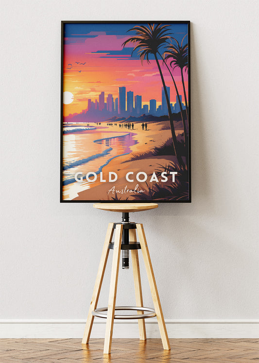 Gold Coast Australia Travel Poster & Canvas Wall Art – Sunset Beach Skyline Print – AIPRINTLAB