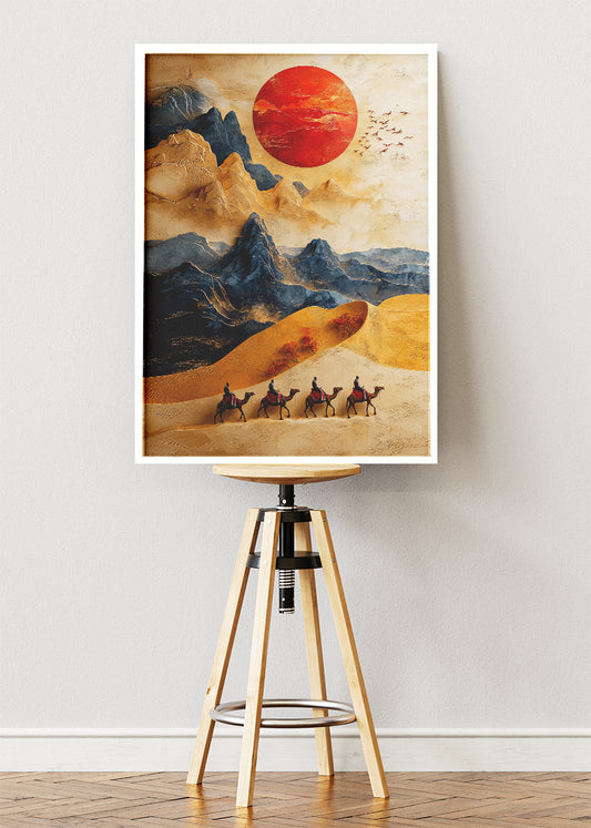 Golden Desert Caravan – Oriental Mountain Sunset Canvas & Poster Print – AI PRINT LAB