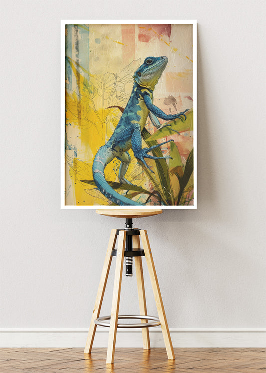 Blue Lizard Poster & Canvas Print – Colorful Botanical Reptile Art