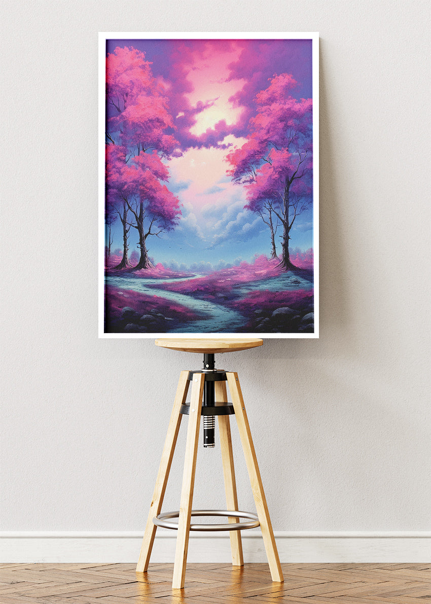 Pink Blossom Dreamscape – Fantasy Forest Path Canvas & Poster Print – AI PRINT LAB
