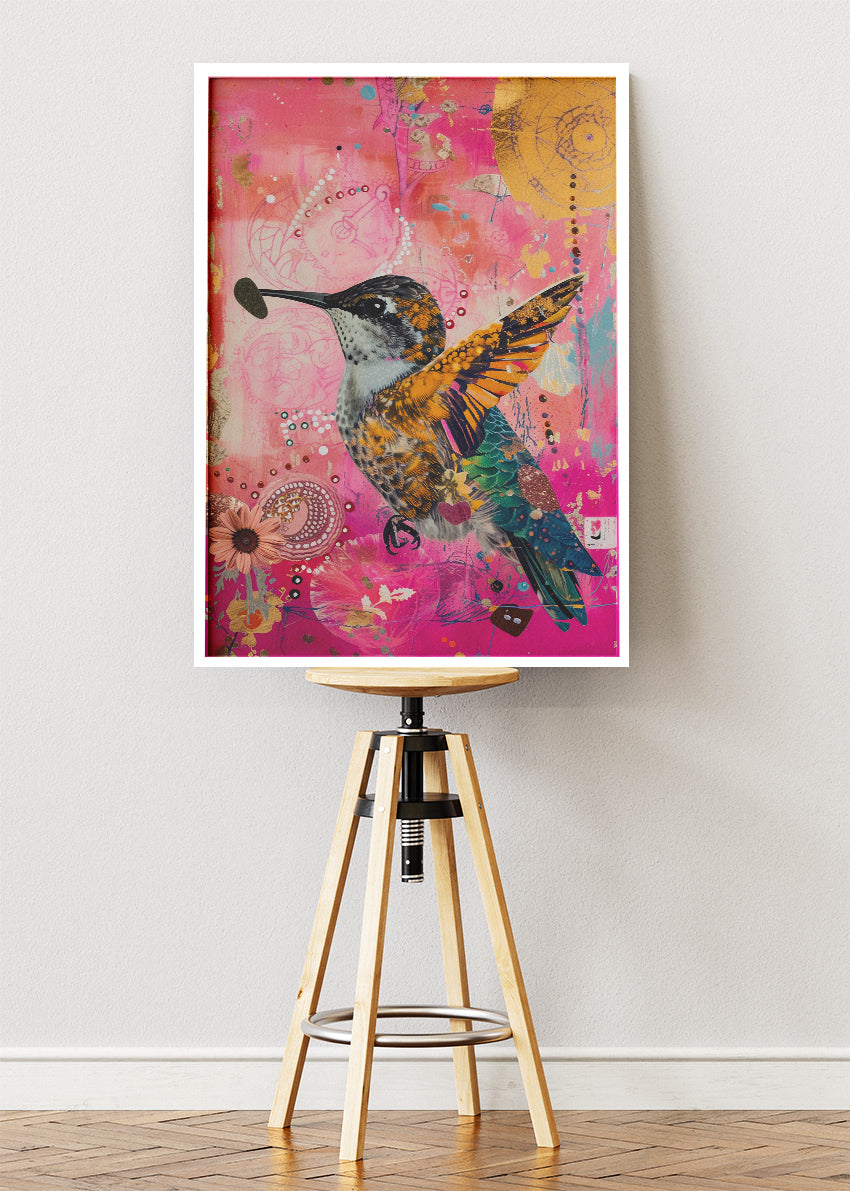 Colorful Hummingbird Poster & Canvas Print – Pink Collage Floral Art
