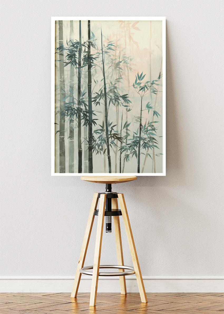 Misty Bamboo Forest Wall Art – Soft Green Zen Canvas Print | Japandi Nature Portrait Poster