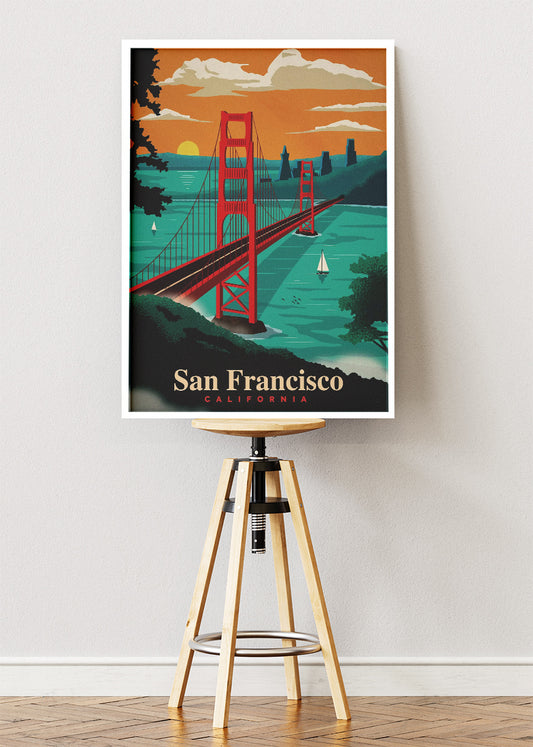 San Francisco California Poster & Canvas Print – Golden Gate Bridge Sunset Illustration Wall Art