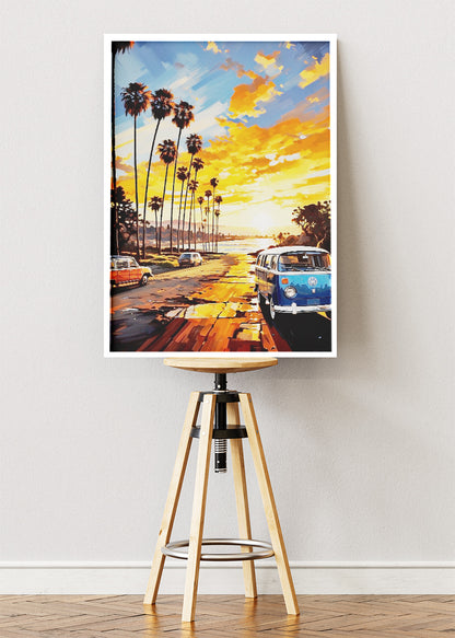 Golden Coast Road – Vintage Sunset Van Canvas & Poster Print – AI PRINT LAB