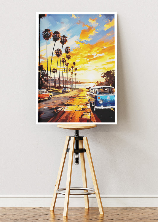 Golden Coast Road – Vintage Sunset Van Canvas & Poster Print – AI PRINT LAB