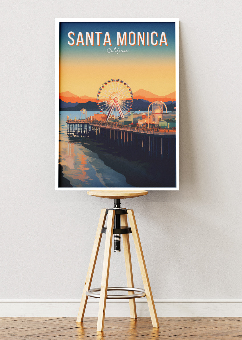 Santa Monica California Poster & Canvas Print – Sunset Pier and Ferris Wheel Illustrated Wall Art