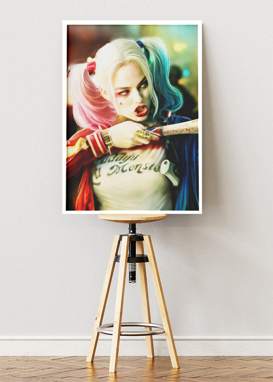 Harley Quinn – Neon Rebel Portrait Canvas & Poster Print – AI PRINT LAB