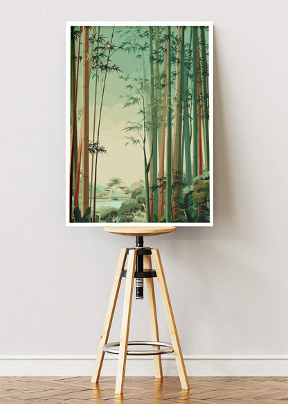 Serene Bamboo Landscape Wall Art – Soft Green Forest Canvas Print | Japandi Nature Portrait Poster