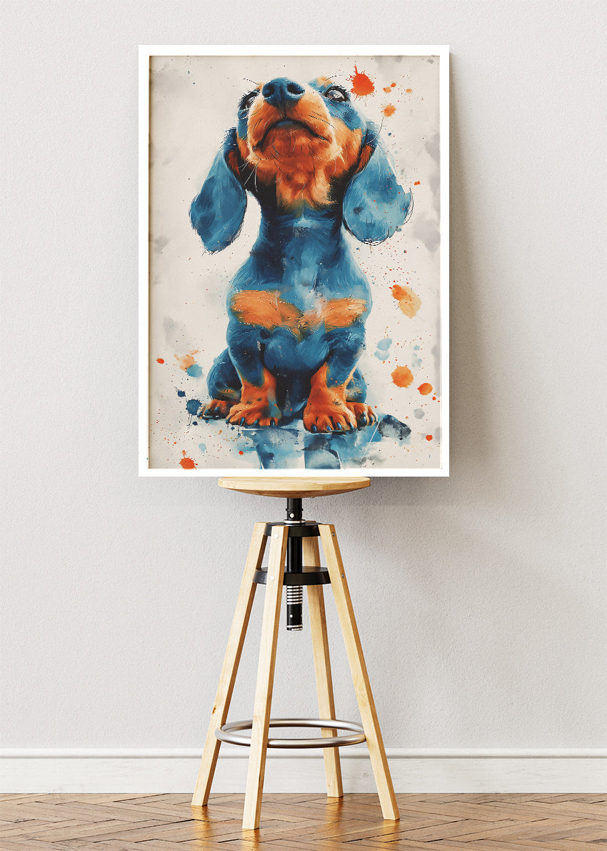 Dachshund Dog Poster & Canvas Print – Blue & Orange Splash Art Puppy Illustration