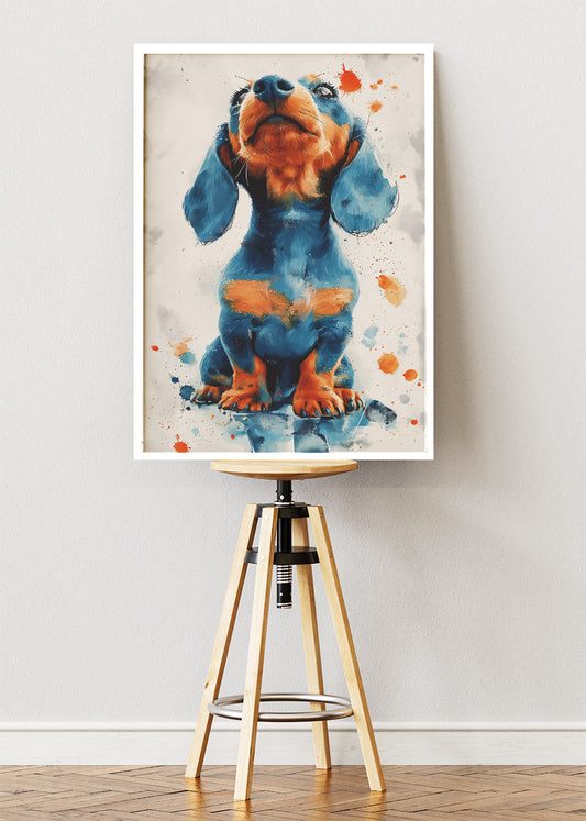 Dachshund Dog Poster & Canvas Print – Blue & Orange Splash Art Puppy Illustration
