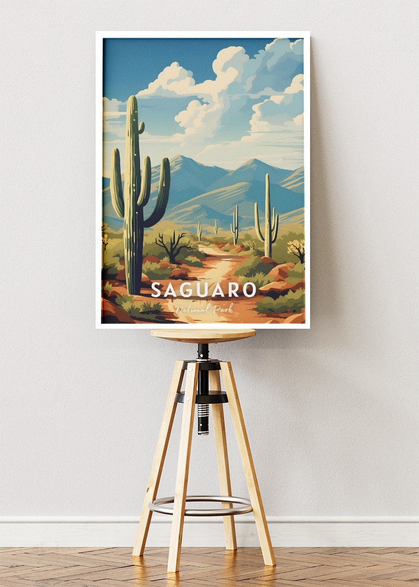 Saguaro National Park Poster & Canvas Print – Illustrated Desert Cactus Landscape Wall Art