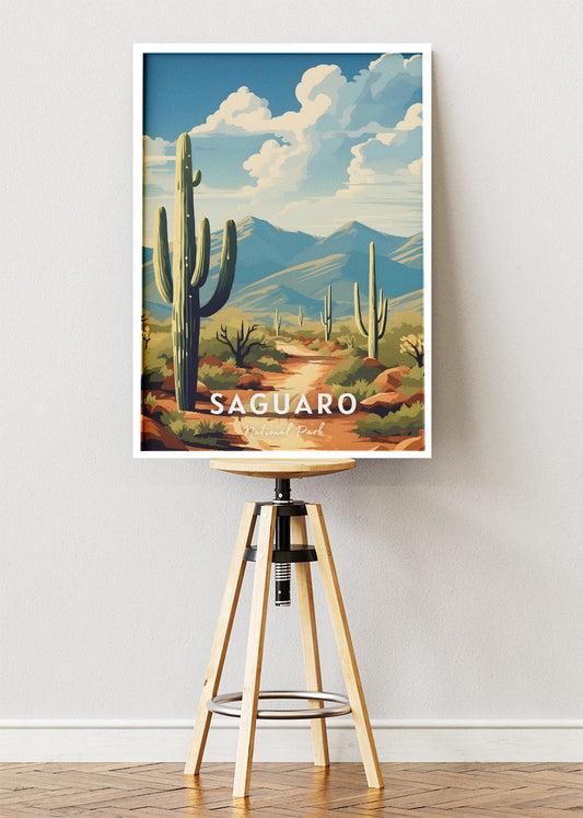 Saguaro National Park Poster & Canvas Print – Illustrated Desert Cactus Landscape Wall Art