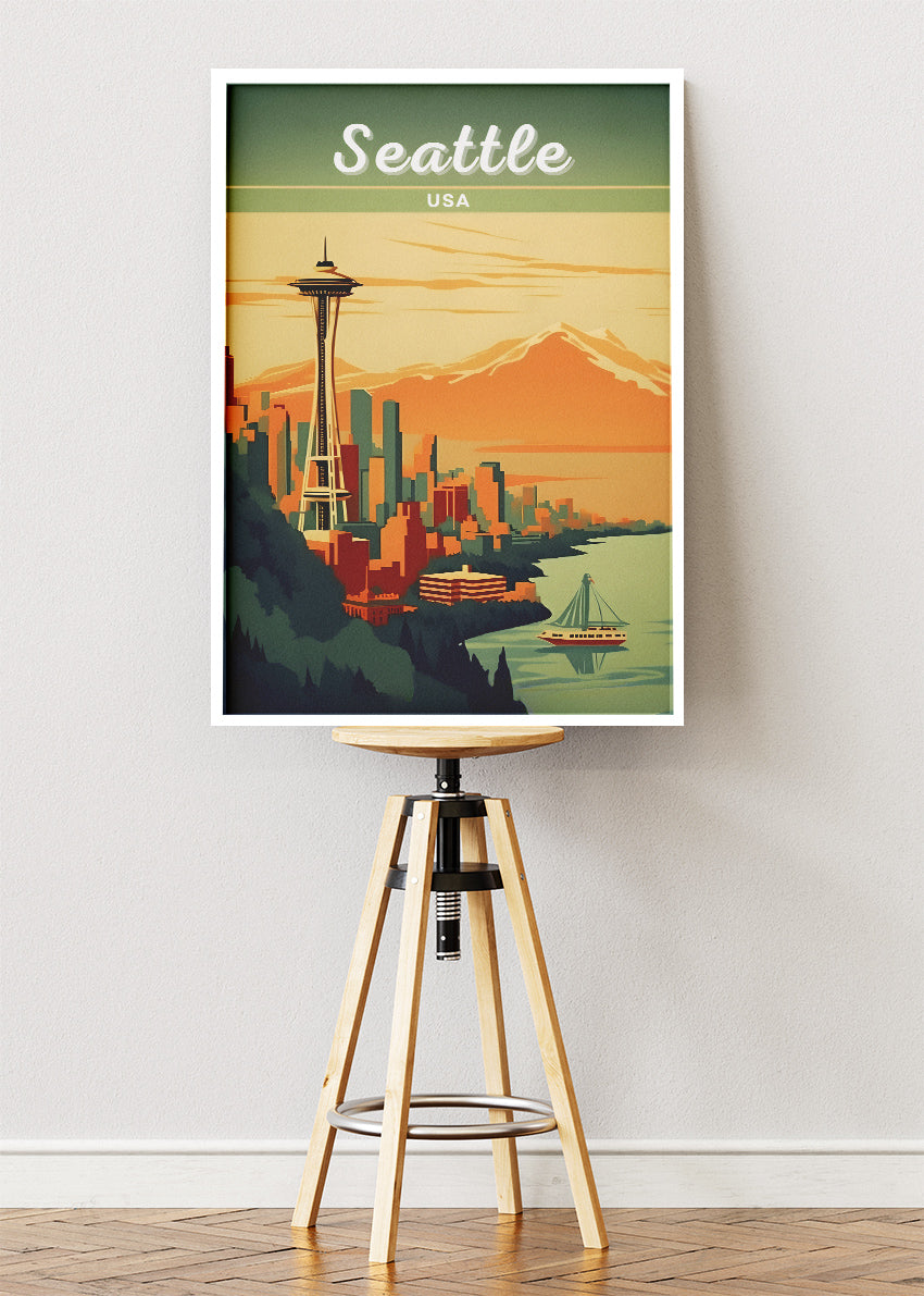 Seattle USA Poster & Canvas Print – Space Needle Skyline Illustrated Wall Art