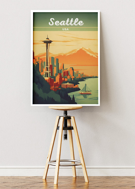 Seattle USA Poster & Canvas Print – Space Needle Skyline Illustrated Wall Art